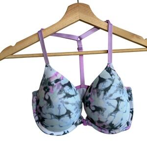 PINK Wear Everywhere Push-Up Bra 32DD Purple Tie Dye Racerback Front-Close